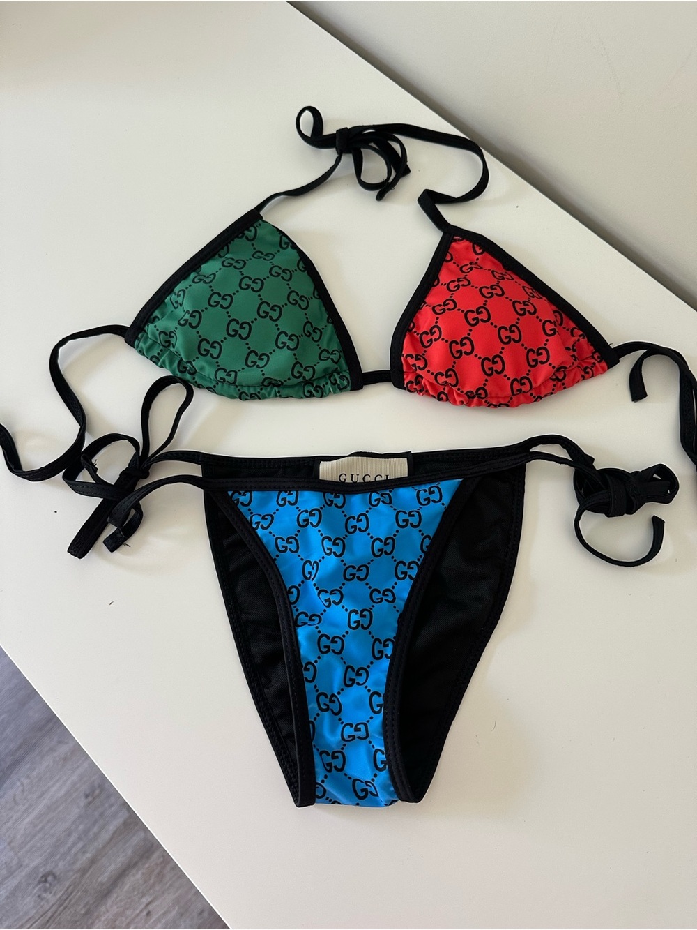 Gucci Red, Green & Blue Logo Triangle Bikini Set